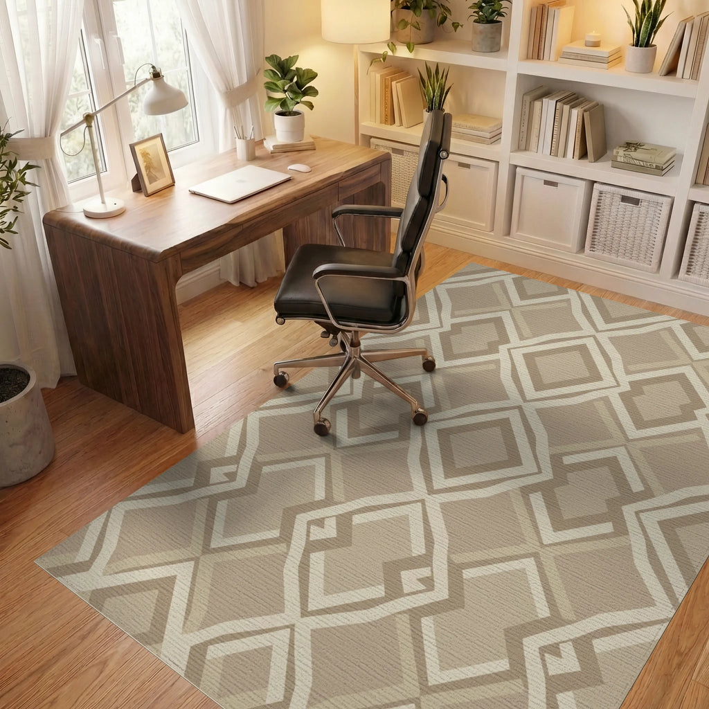 Neutral Earth Tone Diamond Geo Rug Office View