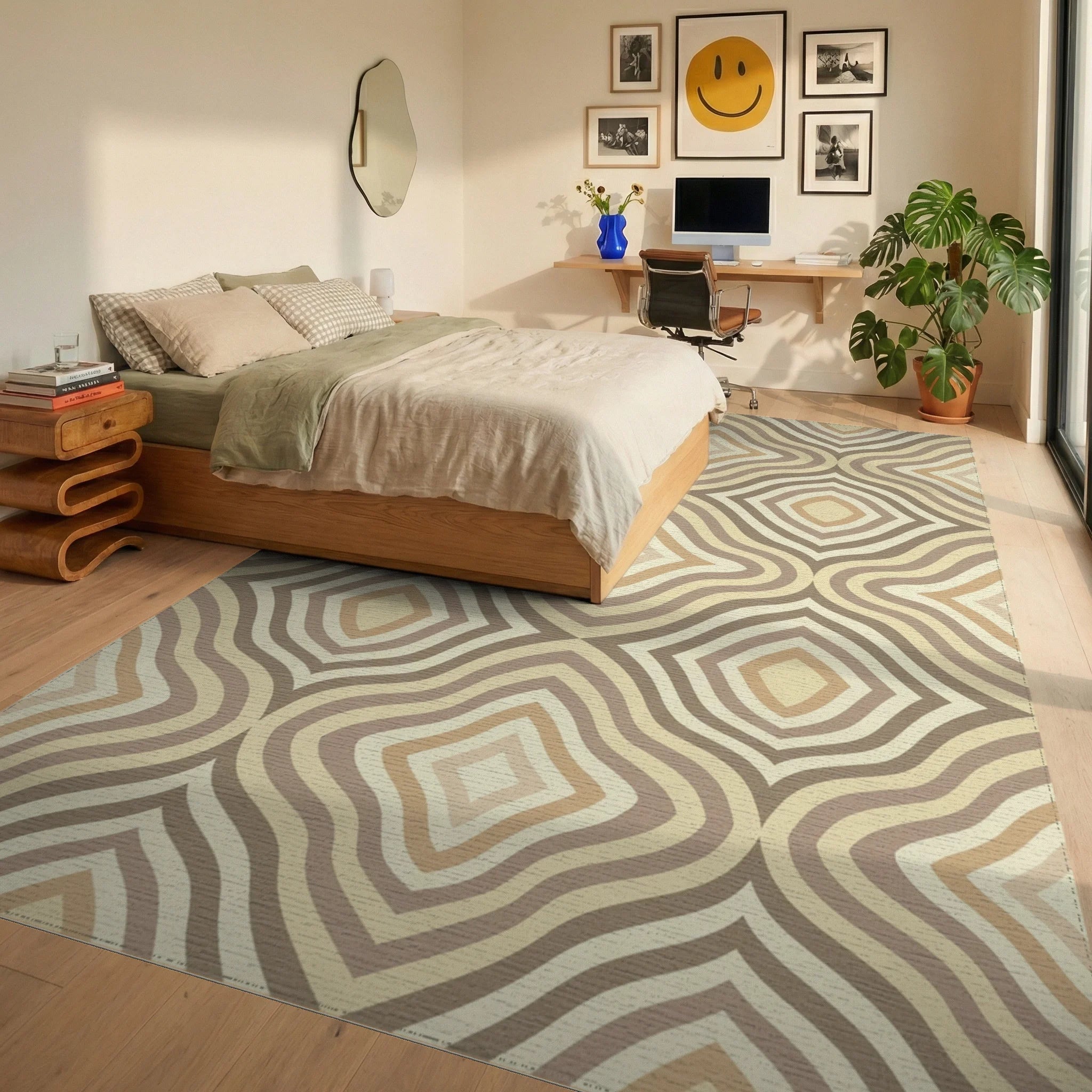 Neutral Earth Tone Rounded Diamonds Rug Bedroom View