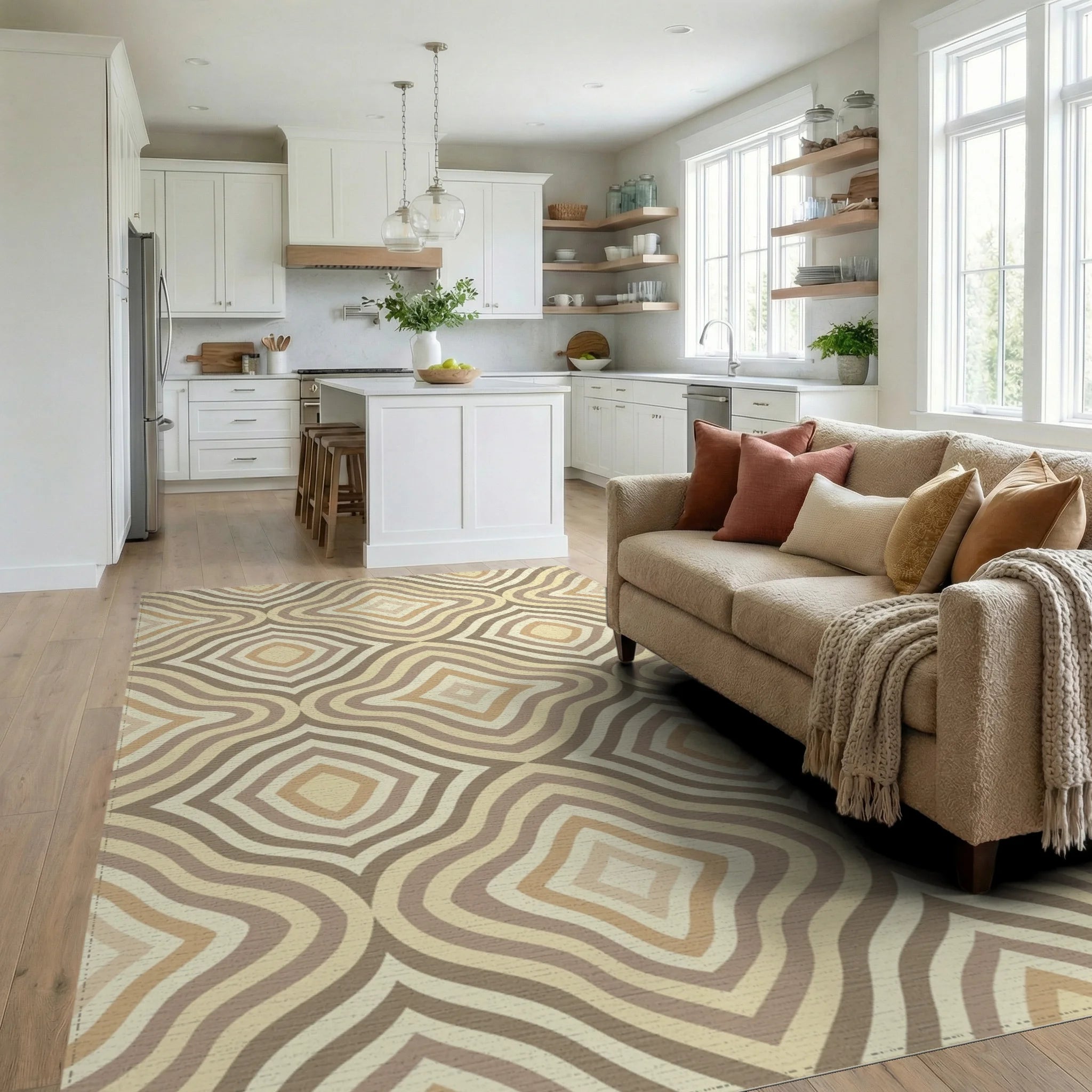Neutral Earth Tone Rounded Diamonds Rug Living Room View