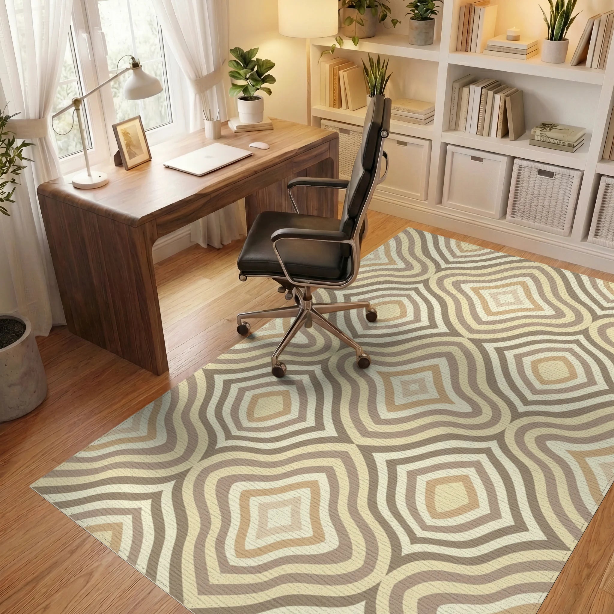 Neutral Earth Tone Rounded Diamonds Rug Office View