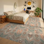 Neutral Earthy Tone Folk Floral Birds Rug Bedroom View