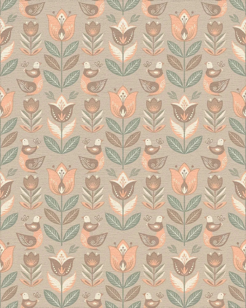 Neutral Earthy Tone Folk Floral Birds Rug - Cutout View
