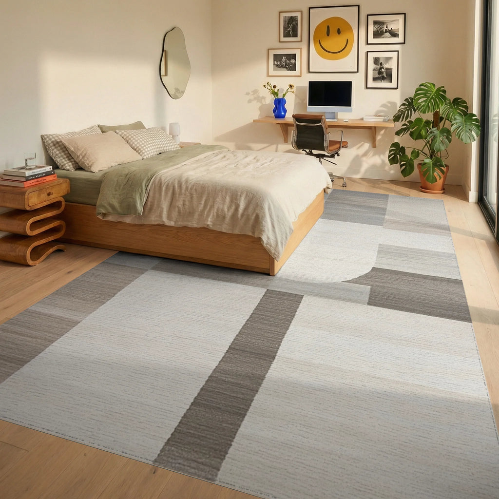 Neutral Geometric Block Abstraction Rug - Bedroom View