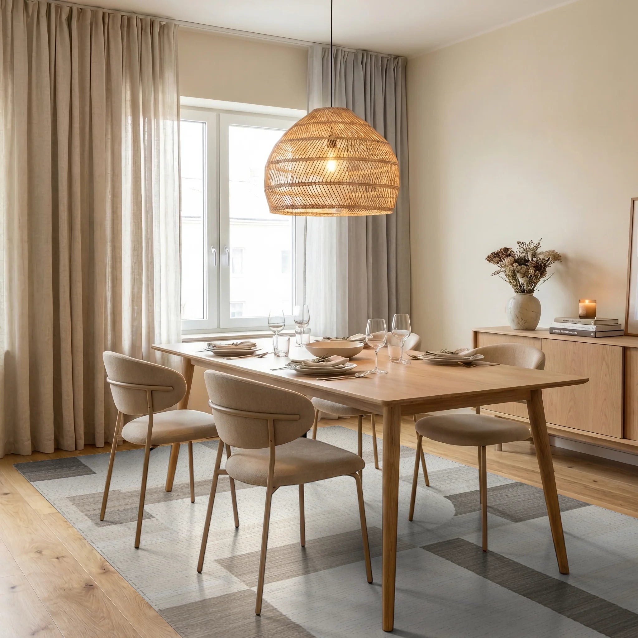 Neutral Geometric Block Abstraction Rug - Dining Room View
