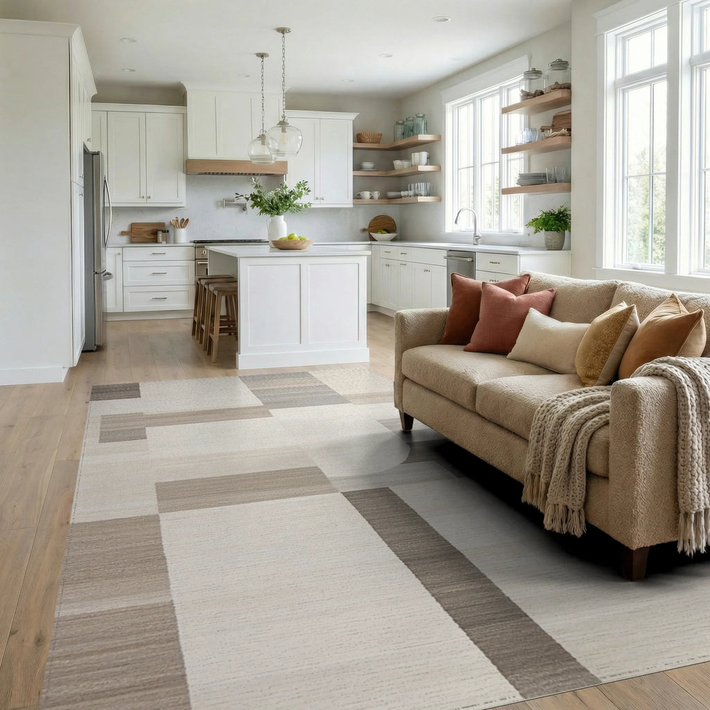 Neutral Geometric Block Abstraction Rug - Living Room View