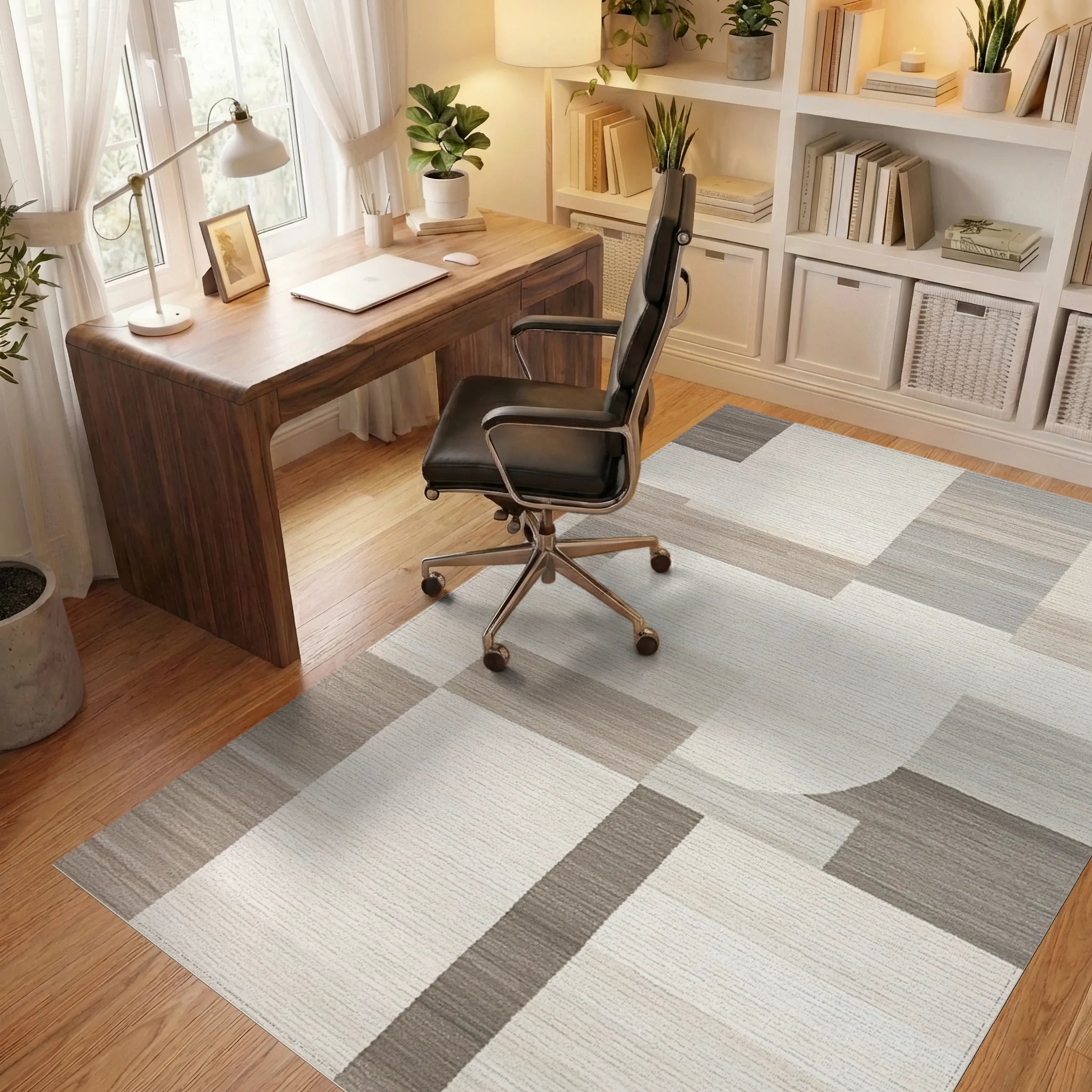 Neutral Geometric Block Abstraction Rug - Office View