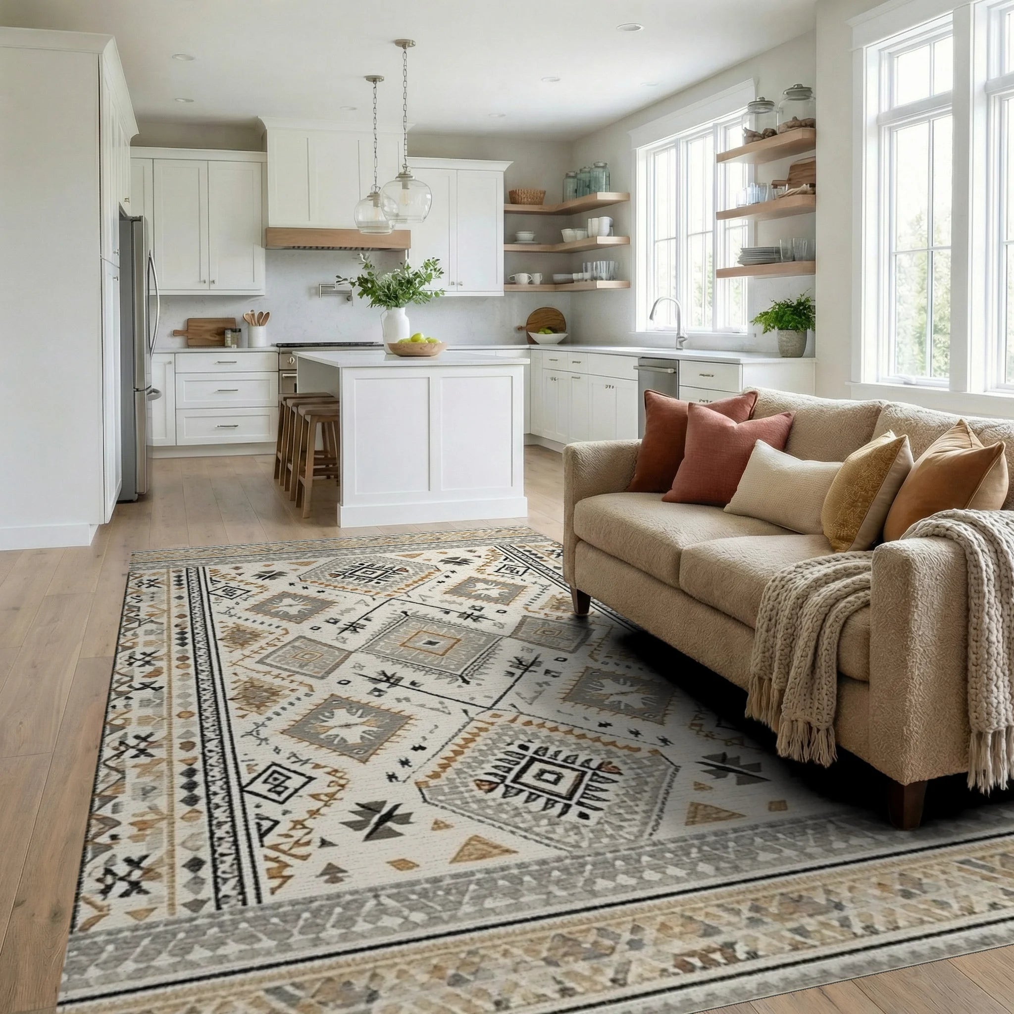 Neutral Geometric Diamond Ethnic Rug - Living Room View