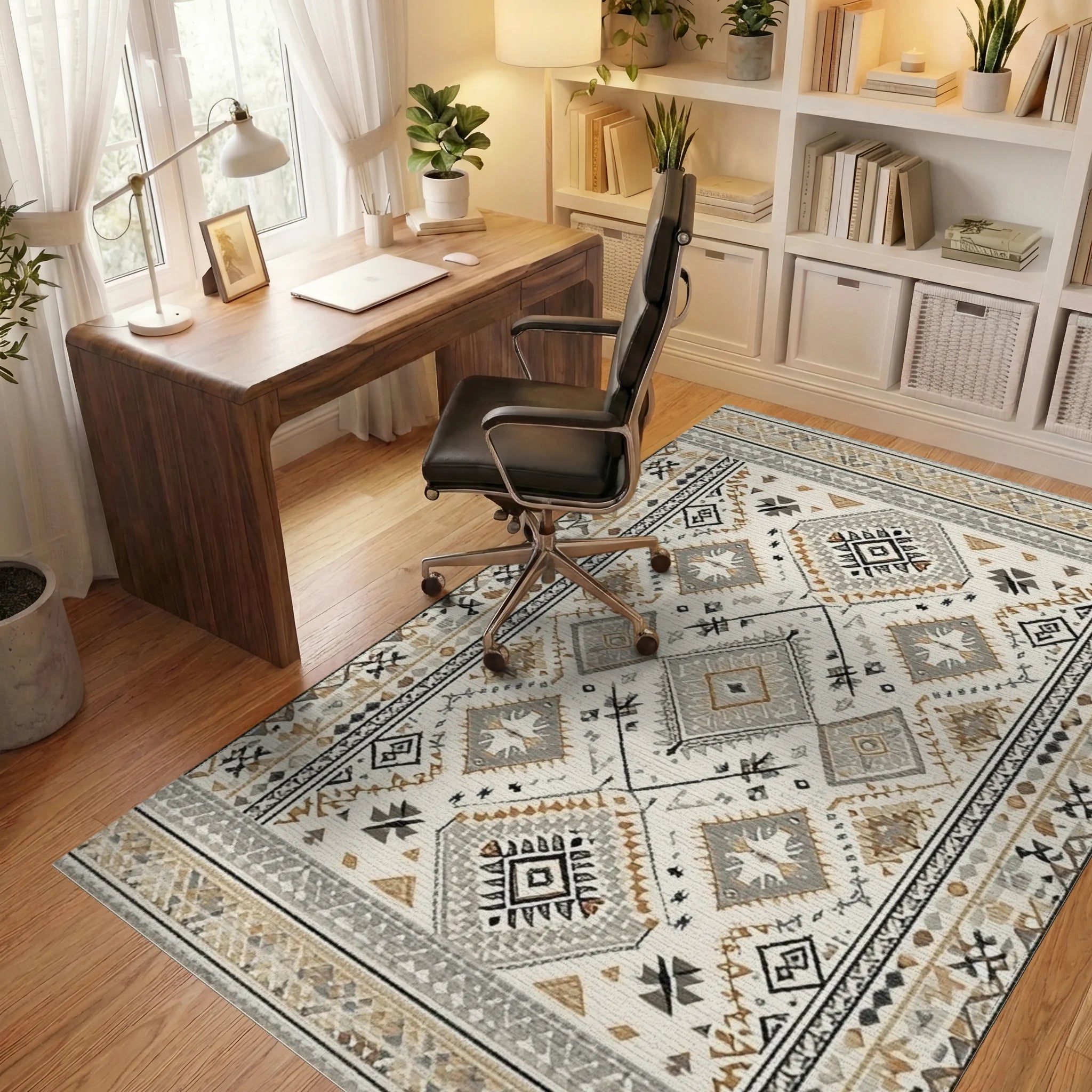Neutral Geometric Diamond Ethnic Rug - Office View