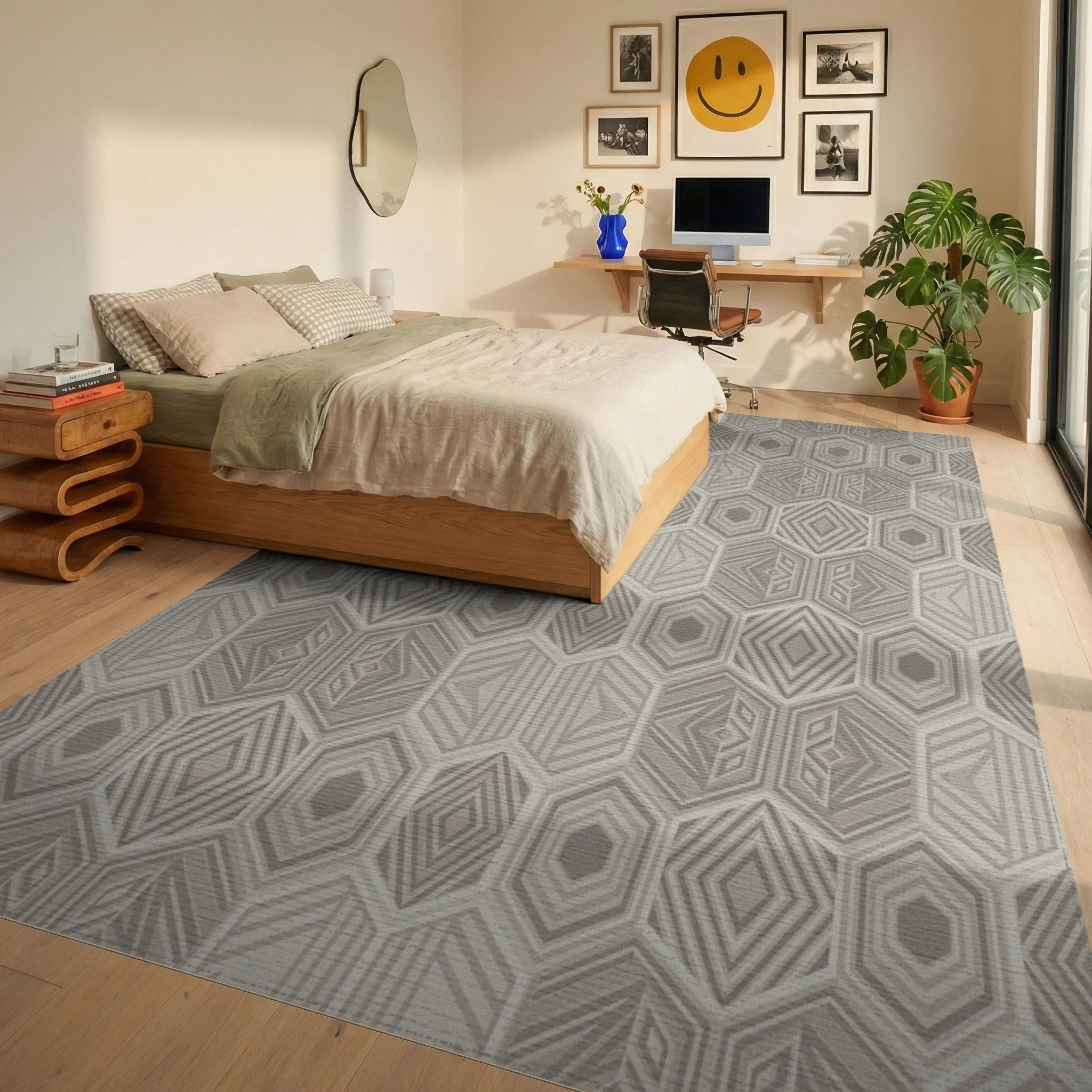 Neutral Geometric Hexagon Interlocking Rug Bedroom View