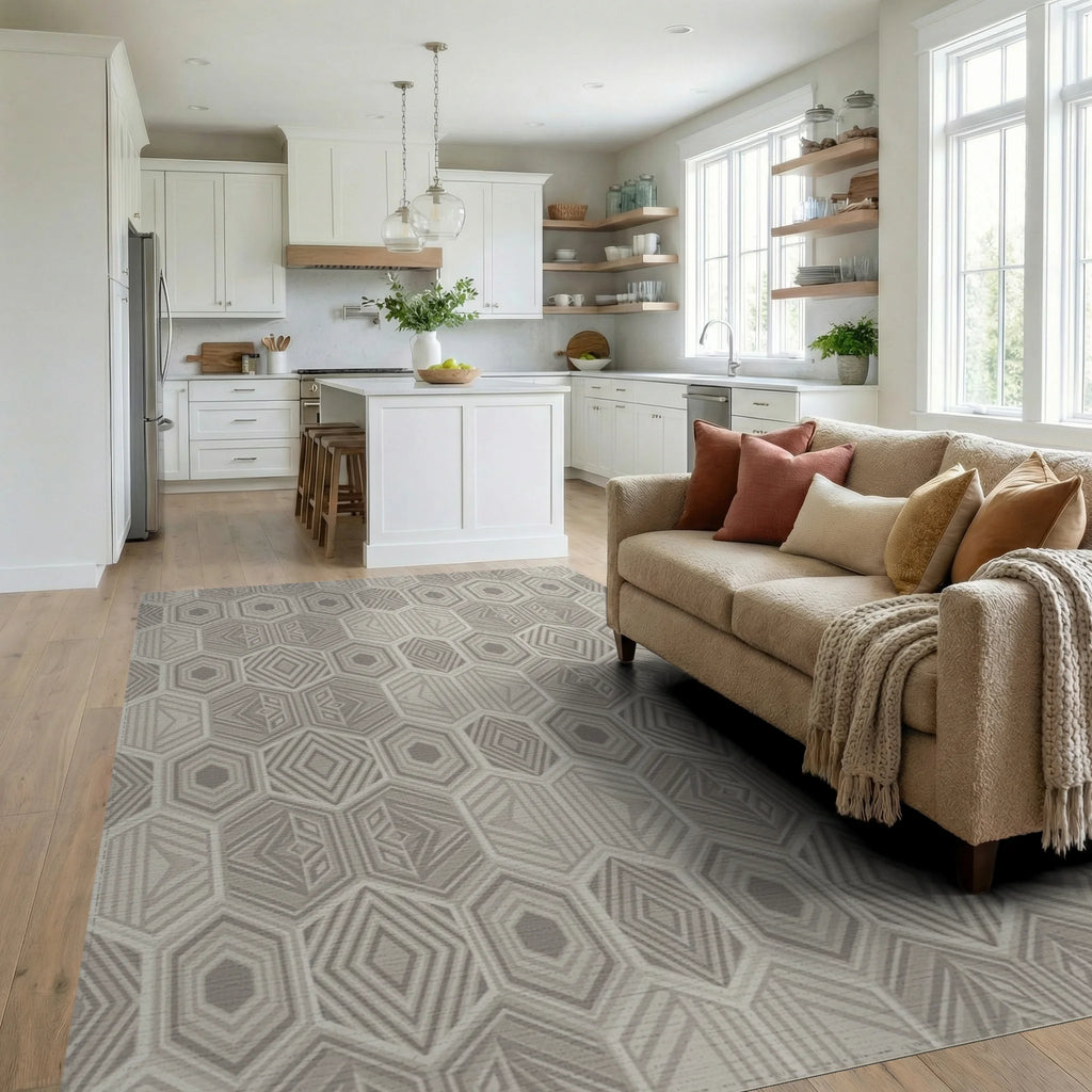 Neutral Geometric Hexagon Interlocking Rug Living Room View