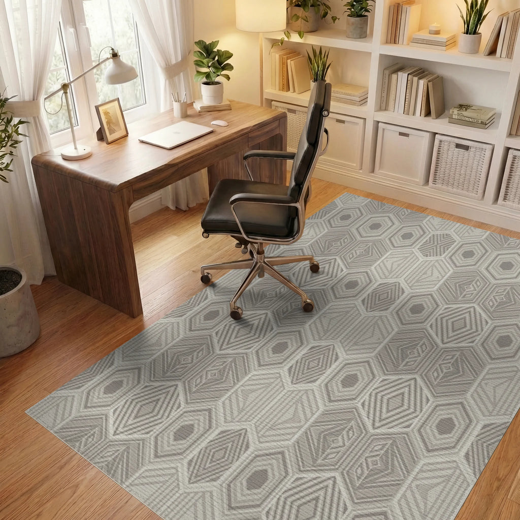Neutral Geometric Hexagon Interlocking Rug Office View