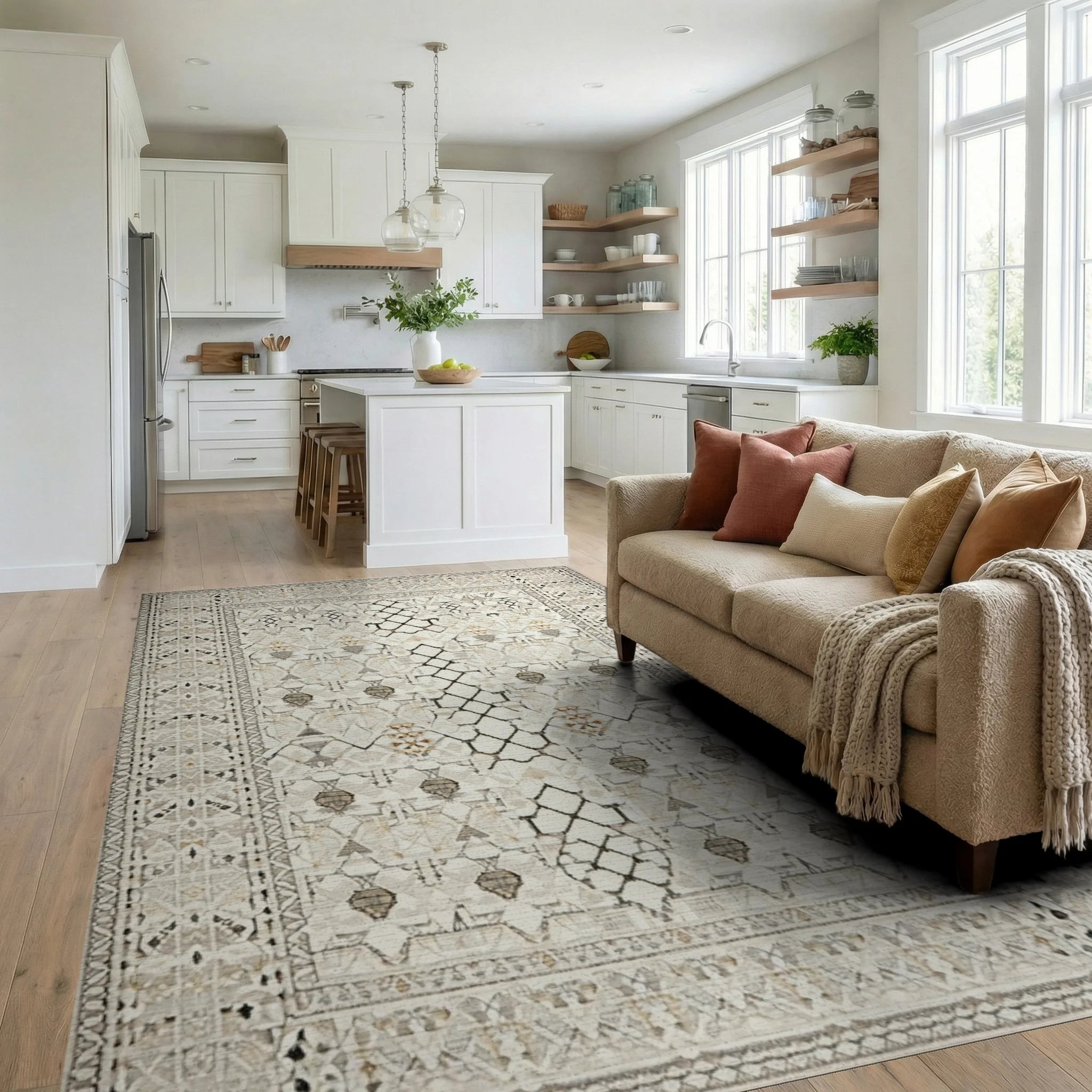 Neutral Geometric Lattice Border Rug - Living Room View
