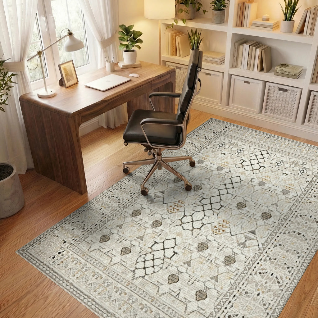 Neutral Geometric Lattice Border Rug - Office View