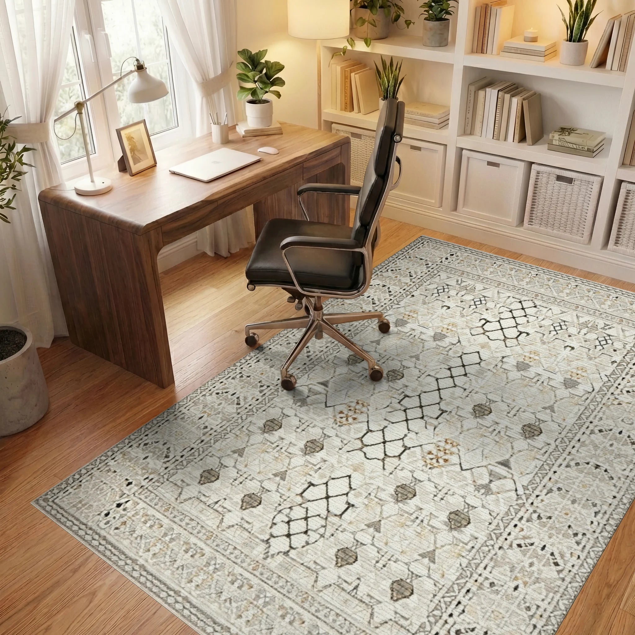 Neutral Geometric Lattice Border Rug - Office View