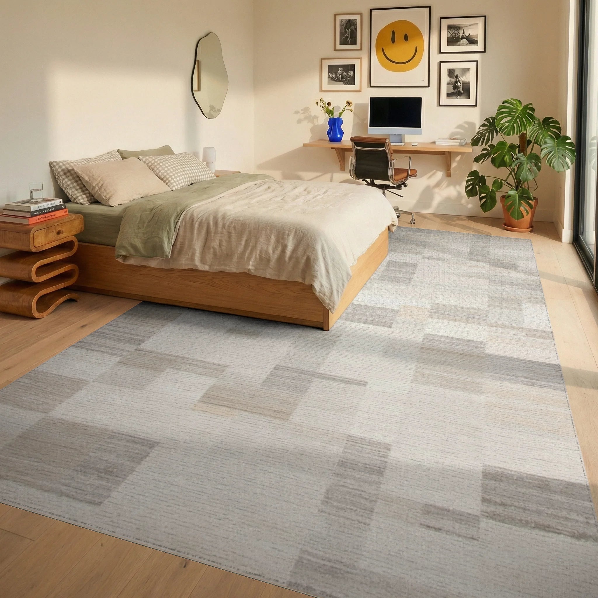 Neutral Geometric Patchwork Blocks Rug - Bedroom View