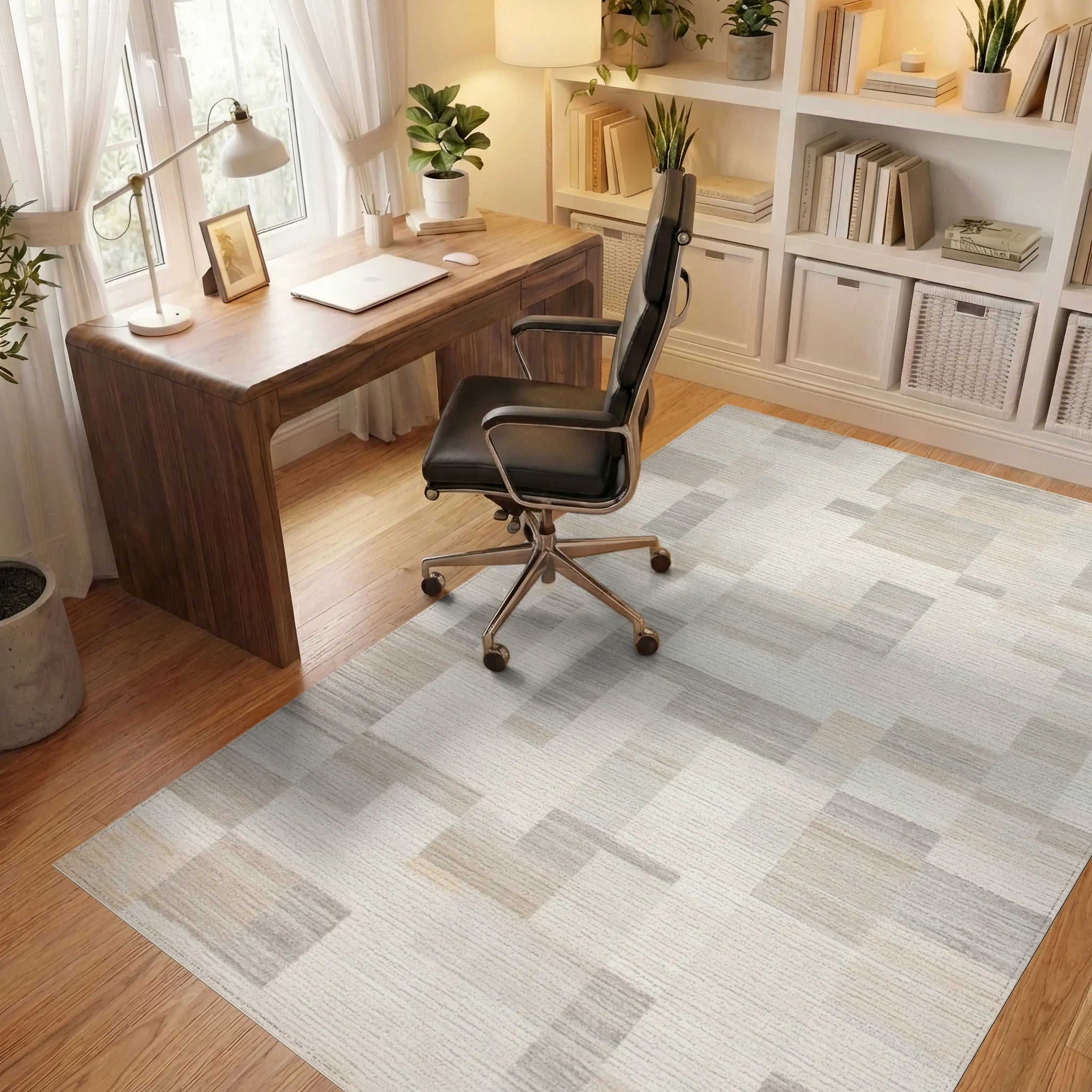 Neutral Geometric Patchwork Blocks Rug - Office View