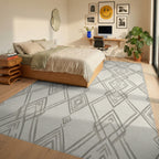 Neutral Gray Diamond Chain Geometric Rug Bedroom View
