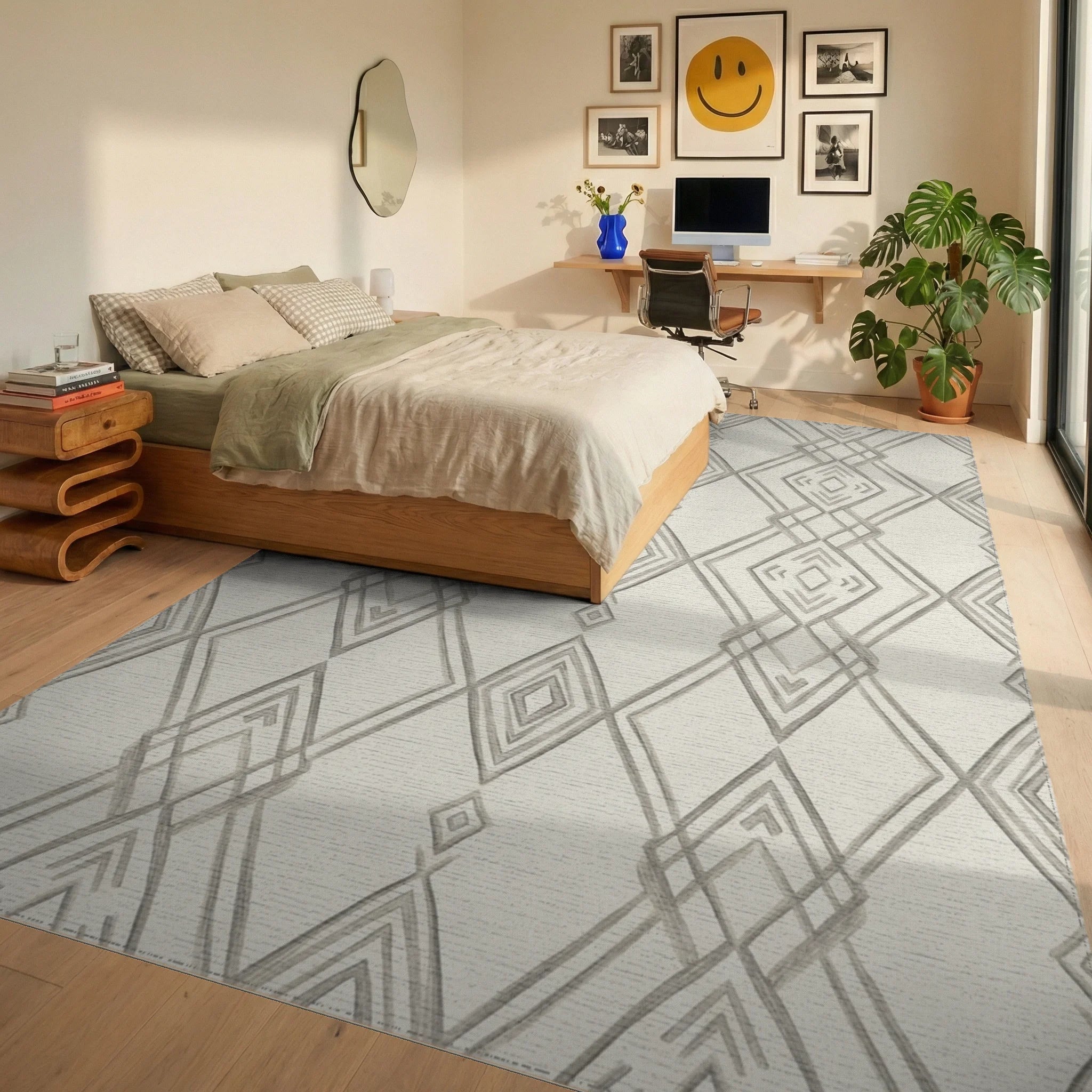 Neutral Gray Diamond Chain Geometric Rug Bedroom View
