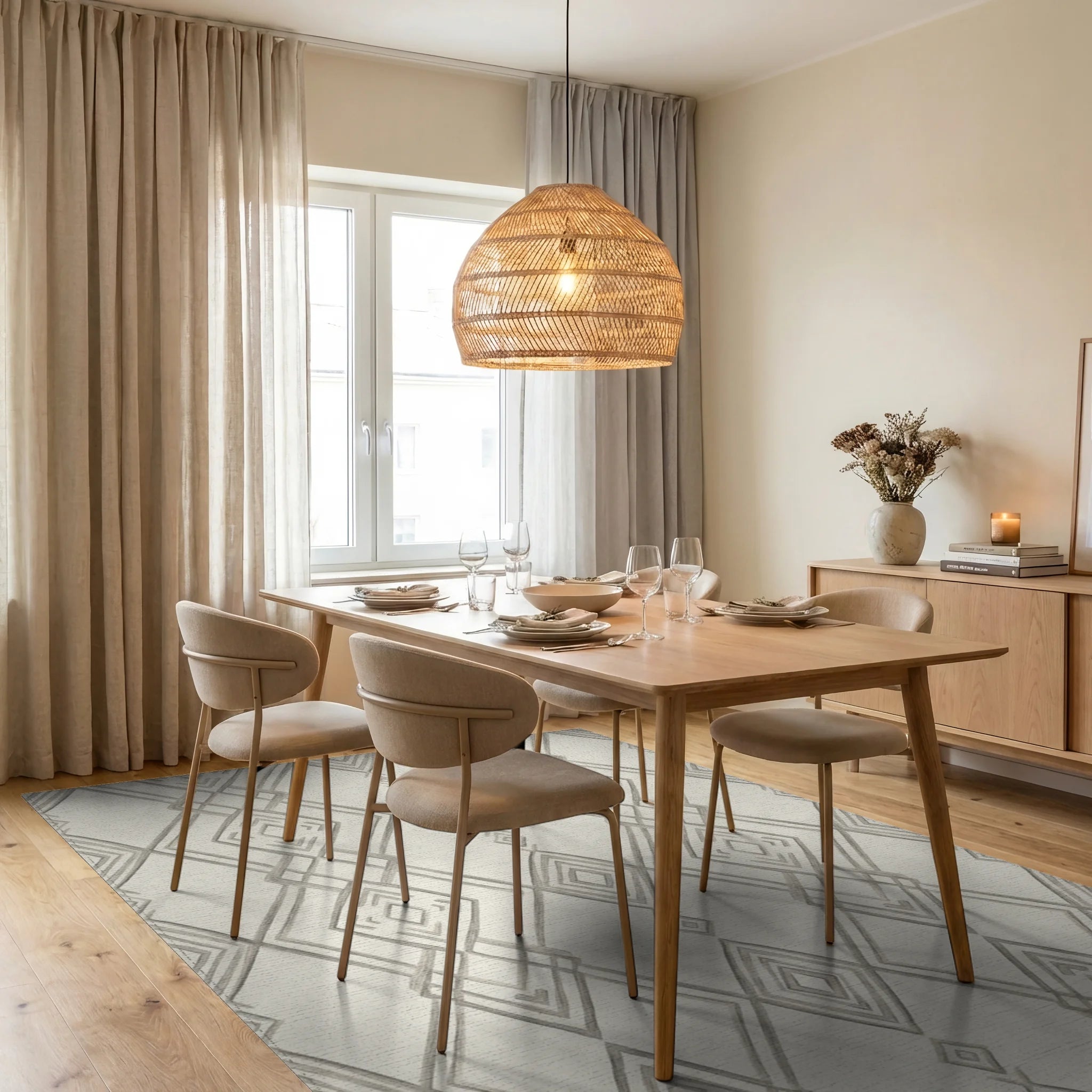 Neutral Gray Diamond Chain Geometric Rug Dining Room View