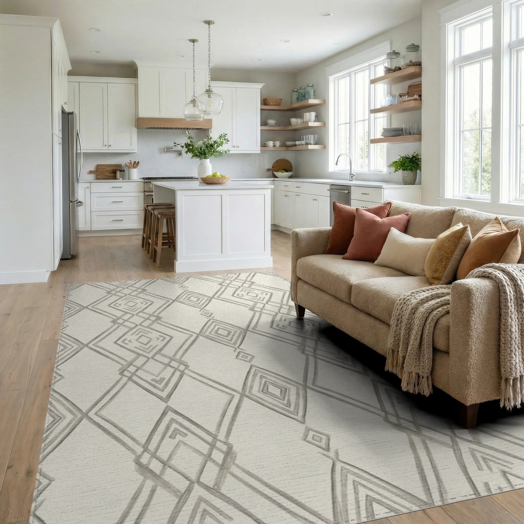 Neutral Gray Diamond Chain Geometric Rug Living Room View