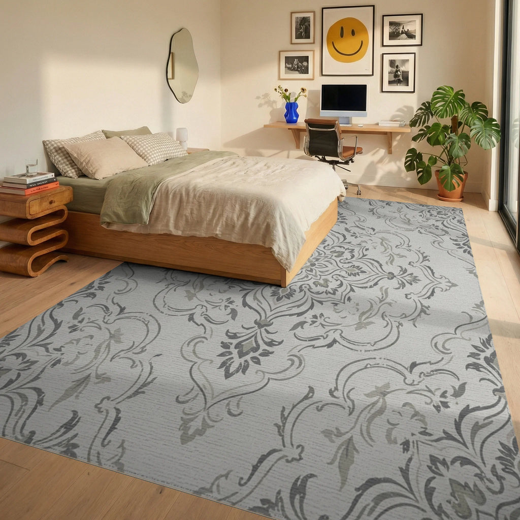 Neutral Gray Vintage Damask Medallion Rug Bedroom View