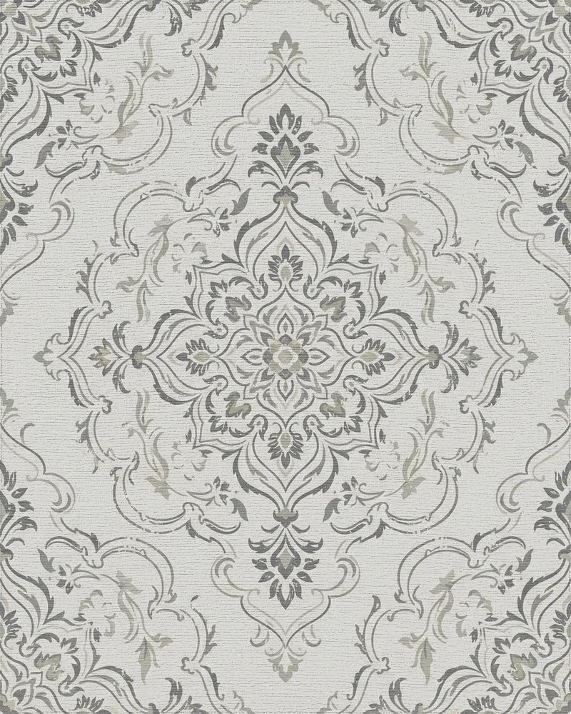 Neutral Gray Vintage Damask Medallion Rug - Cutout View