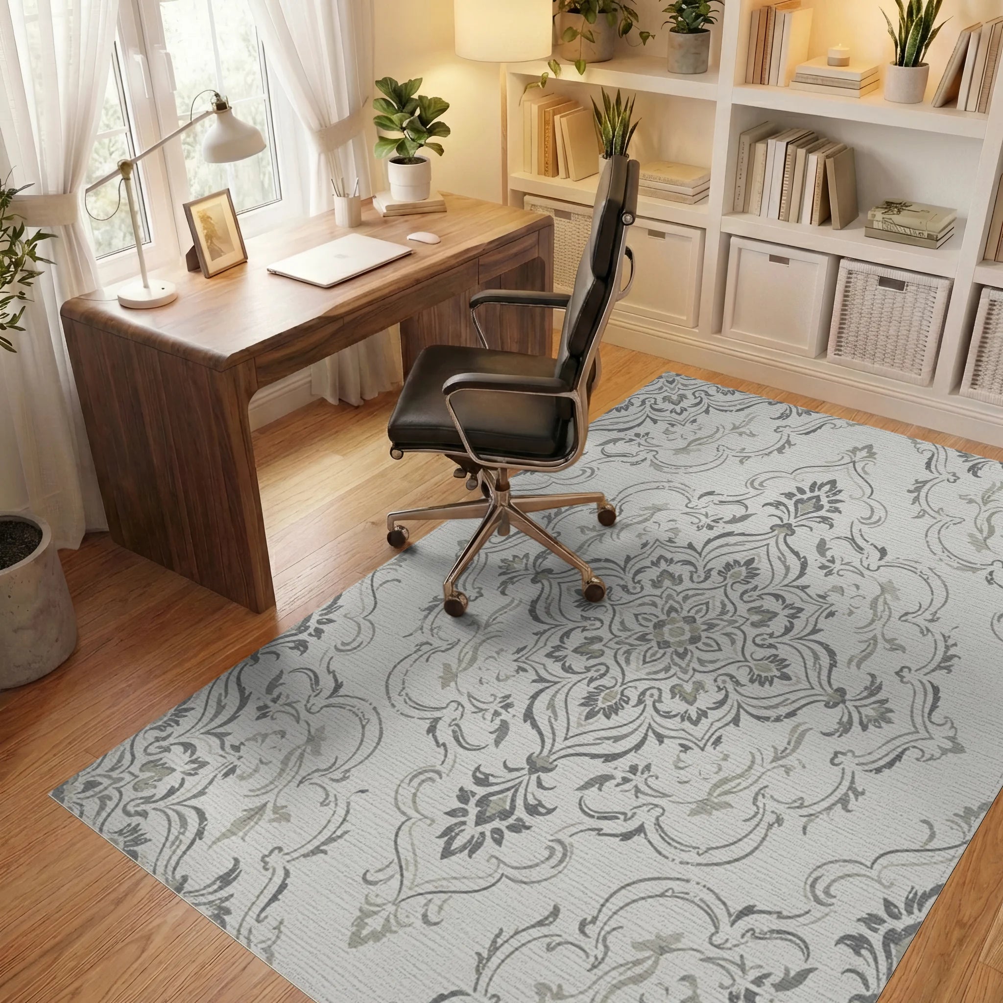 Neutral Gray Vintage Damask Medallion Rug Office View
