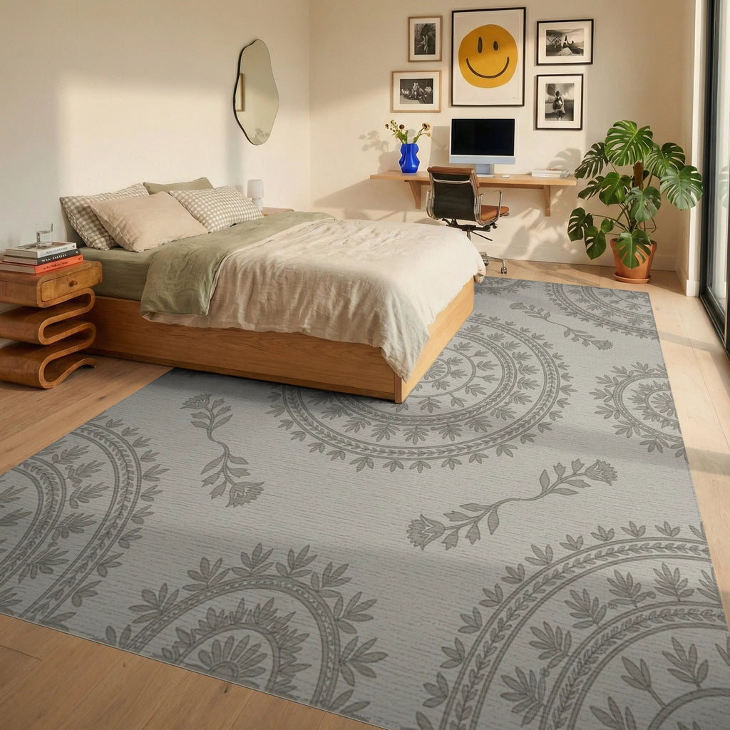 Neutral Grey Circular Floral Medallion Rug Bedroom View