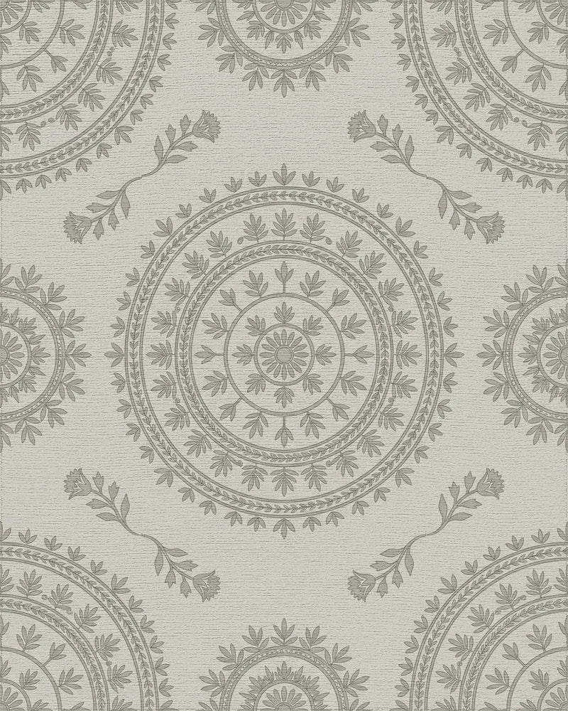 Neutral Grey Circular Floral Medallion Rug - Cutout View