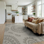 Neutral Grey Circular Floral Medallion Rug Living Room View