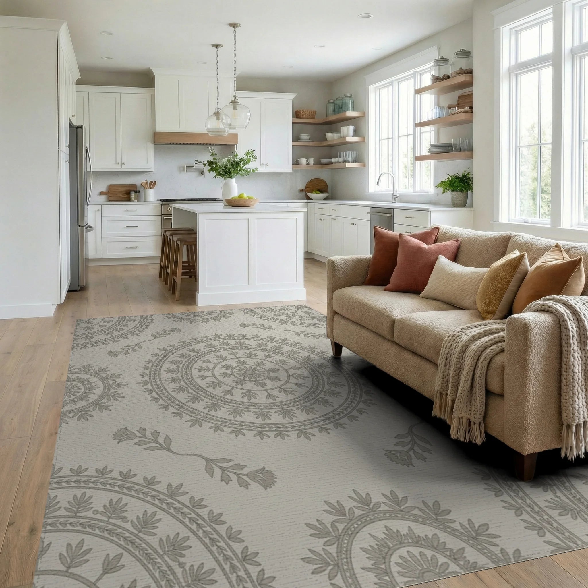 Neutral Grey Circular Floral Medallion Rug Living Room View