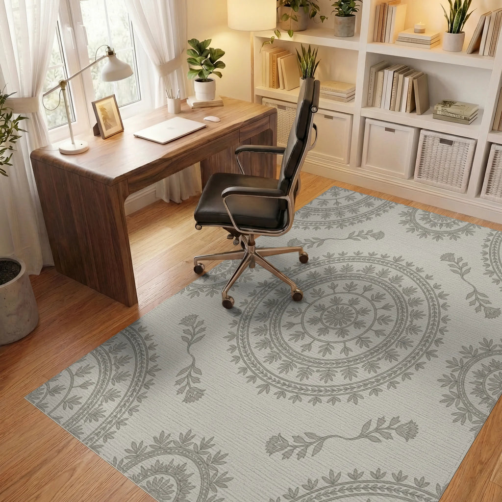Neutral Grey Circular Floral Medallion Rug Office View