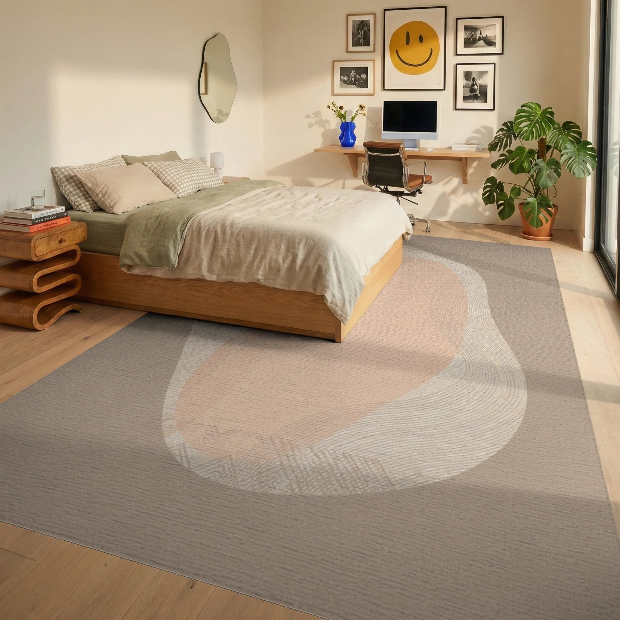 Neutral Organic Flowing Waves Rug Bedroom View