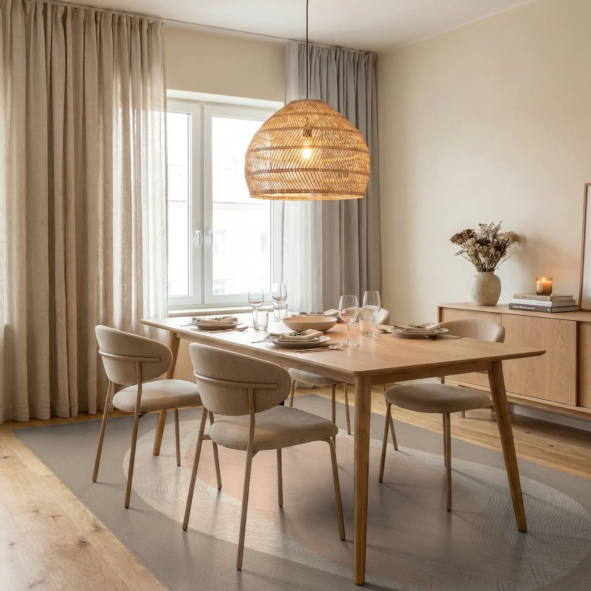 Neutral Organic Flowing Waves Rug Dining Room View