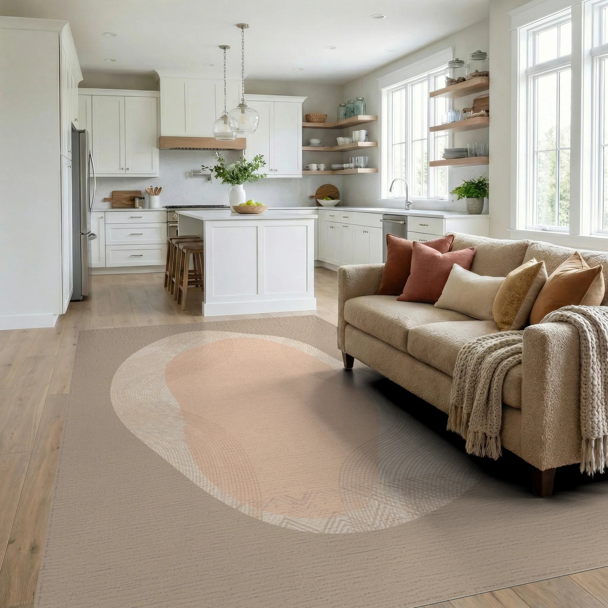 Neutral Organic Flowing Waves Rug Living Room View