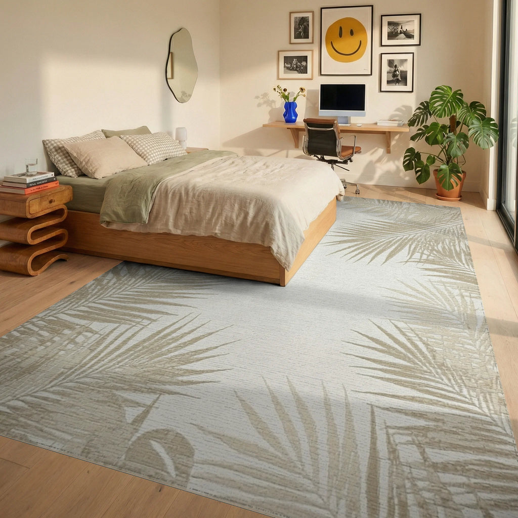 Neutral Palm Leaf Border Accent Rug - Bedroom View