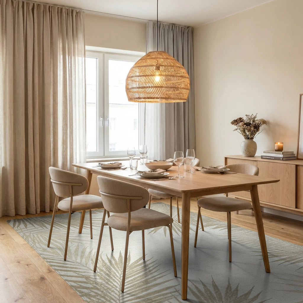 Neutral Palm Leaf Border Accent Rug - Dining Room View