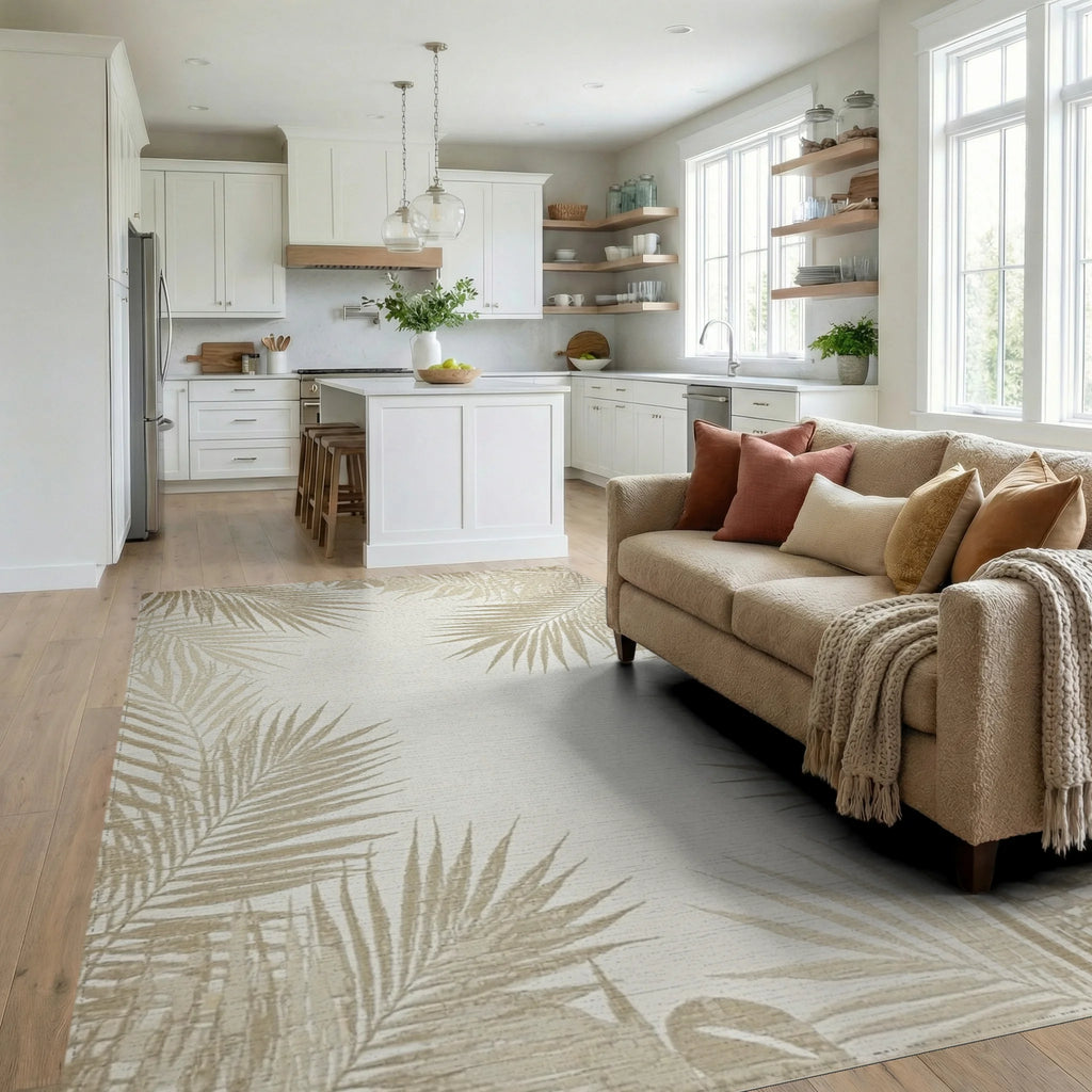 Neutral Palm Leaf Border Accent Rug - Living Room View