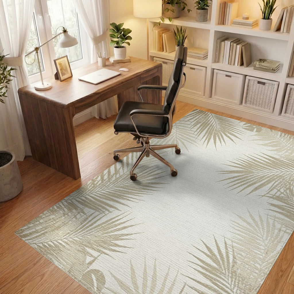Neutral Palm Leaf Border Accent Rug - Office View