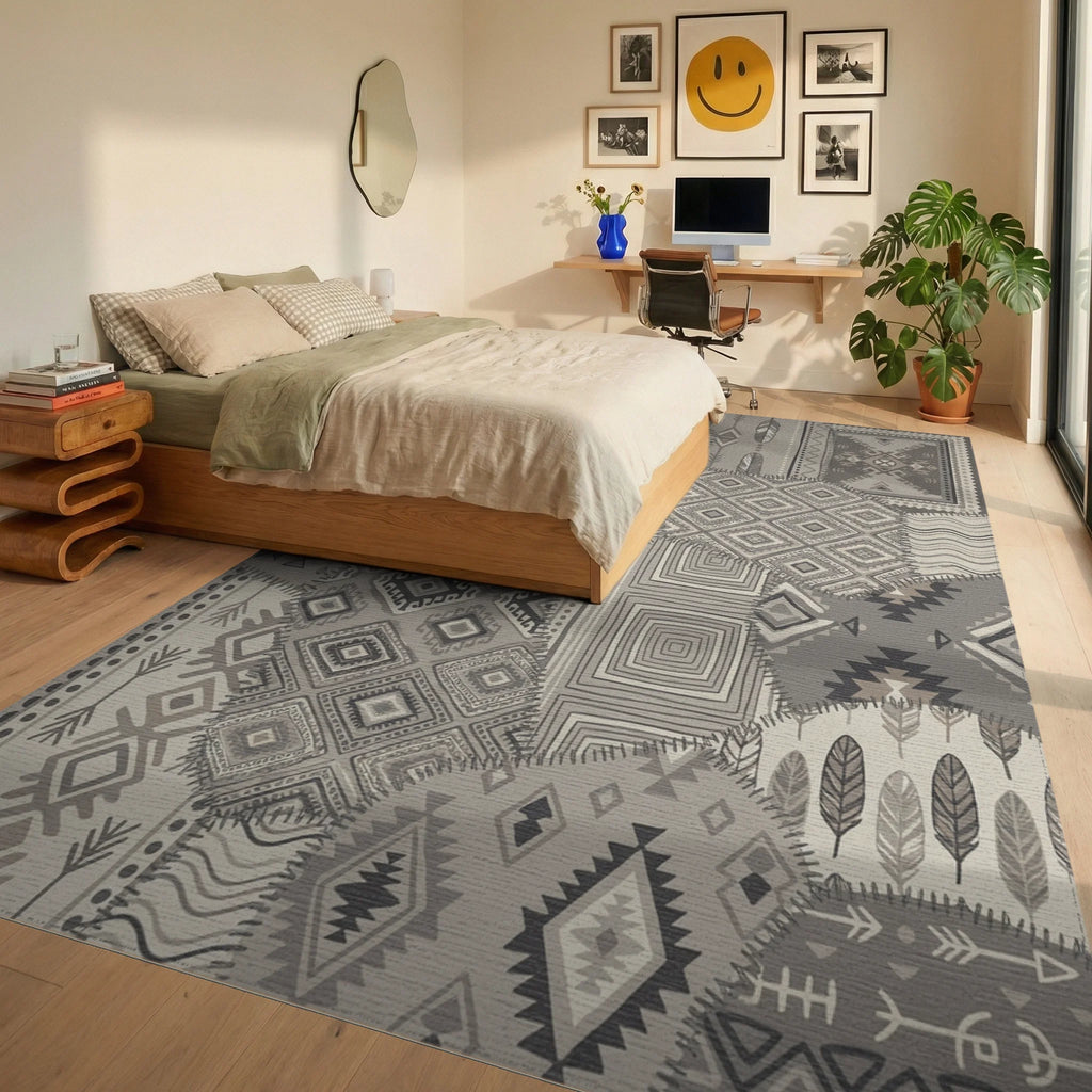 Neutral Patchwork Geometric Diamond Feather Rug Bedroom View