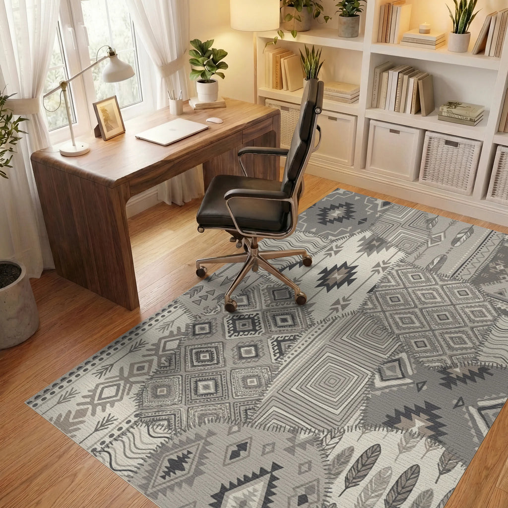 Neutral Patchwork Geometric Diamond Feather Rug Office View