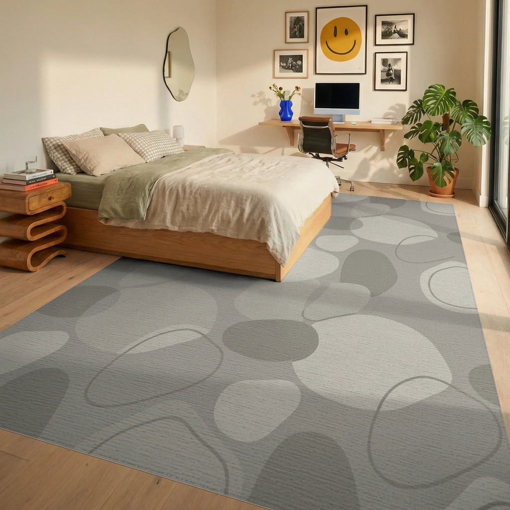 Neutral Pebble Organic Overlay Rug Bedroom View