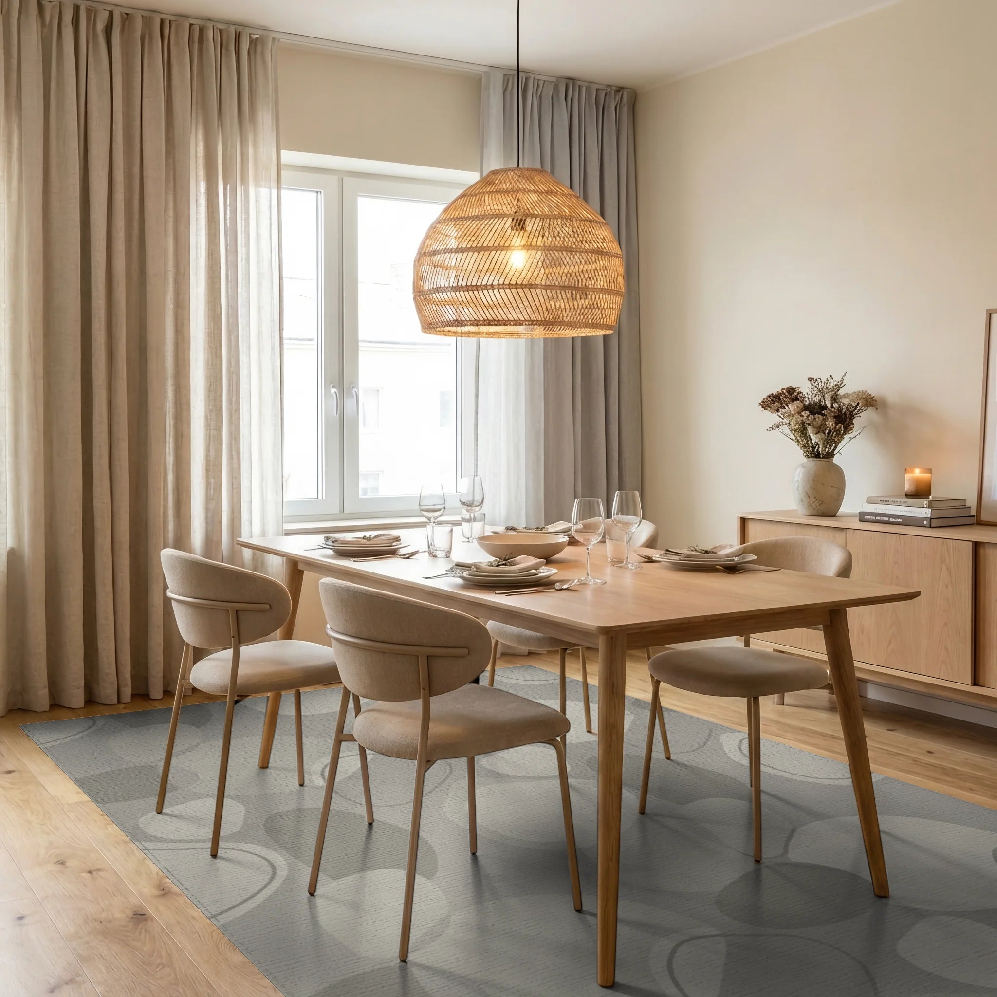 Neutral Pebble Organic Overlay Rug Dining Room View