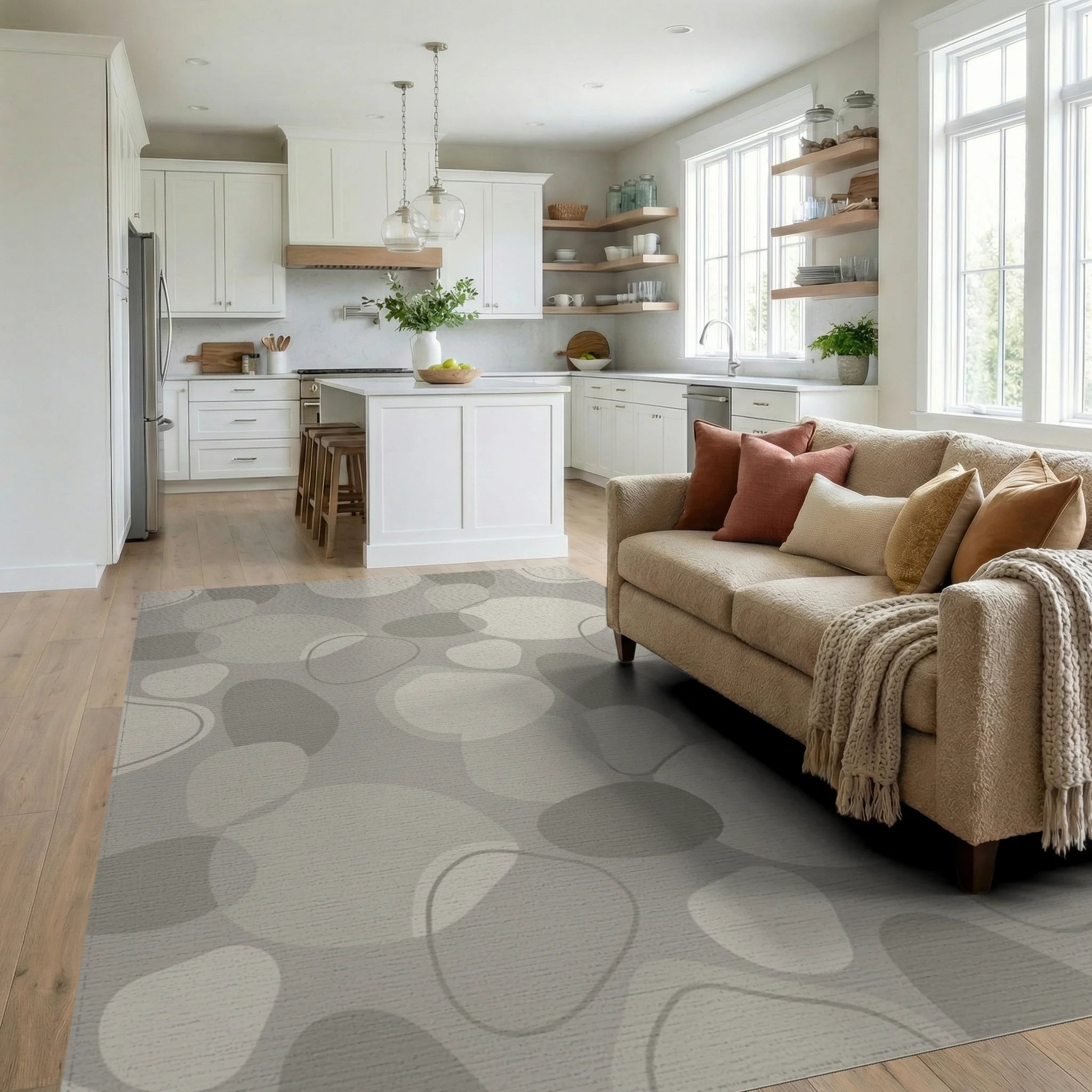 Neutral Pebble Organic Overlay Rug Living Room View