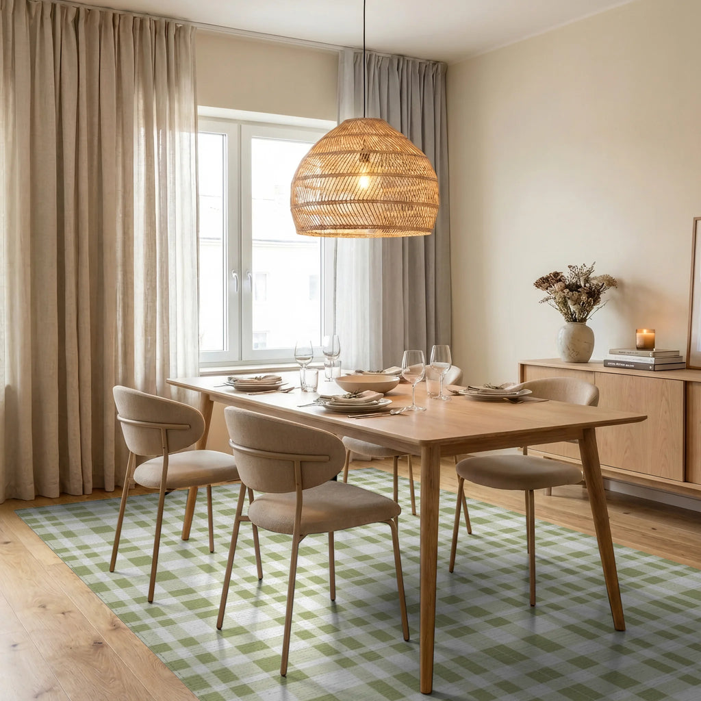 Neutral Simple Plaid Pattern Rug Dining Room View