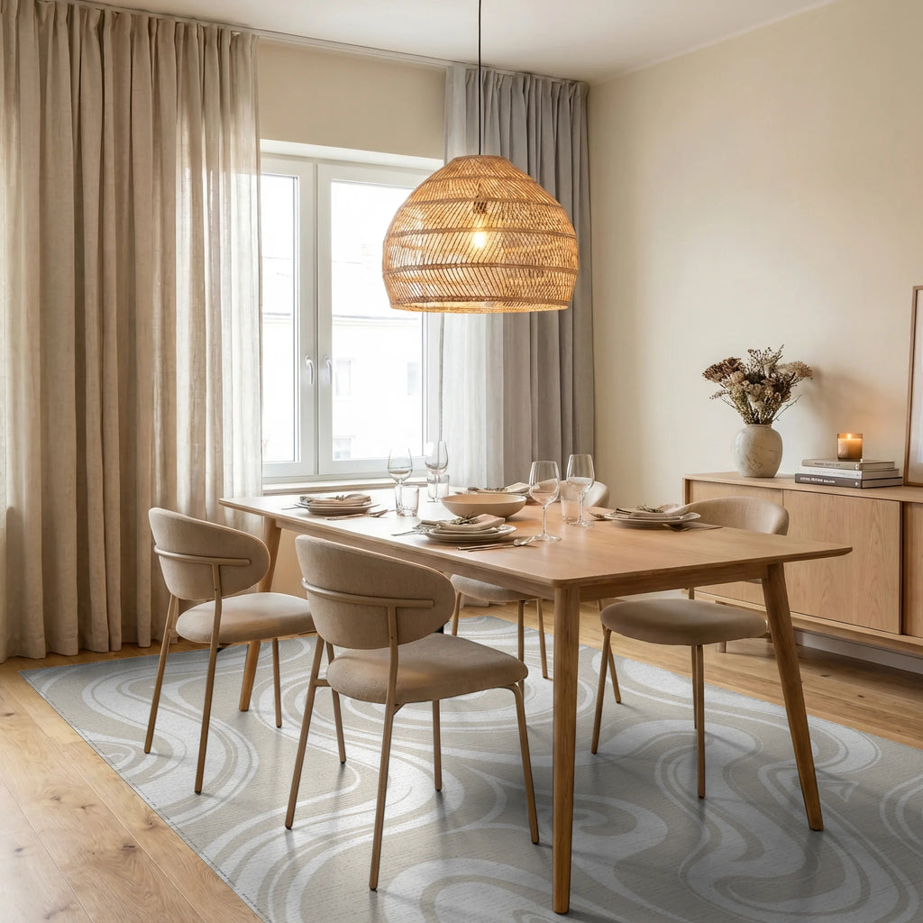 Neutral Swirling Ribbon Pattern Rug Dining Room View