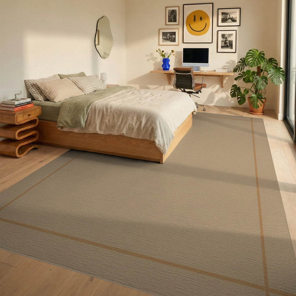 Neutral Tan Geometric Border Rug Bedroom View