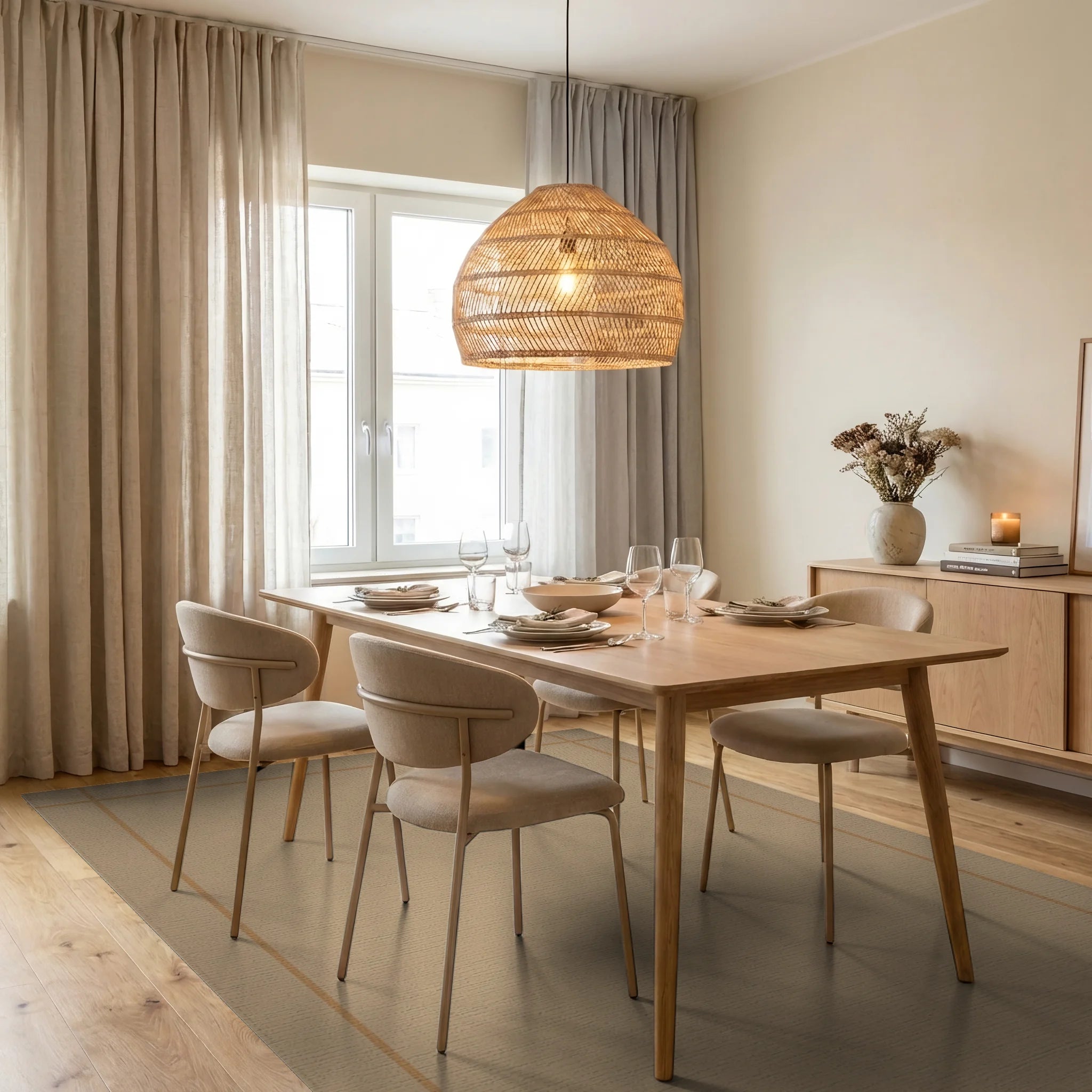 Neutral Tan Geometric Border Rug Dining Room View