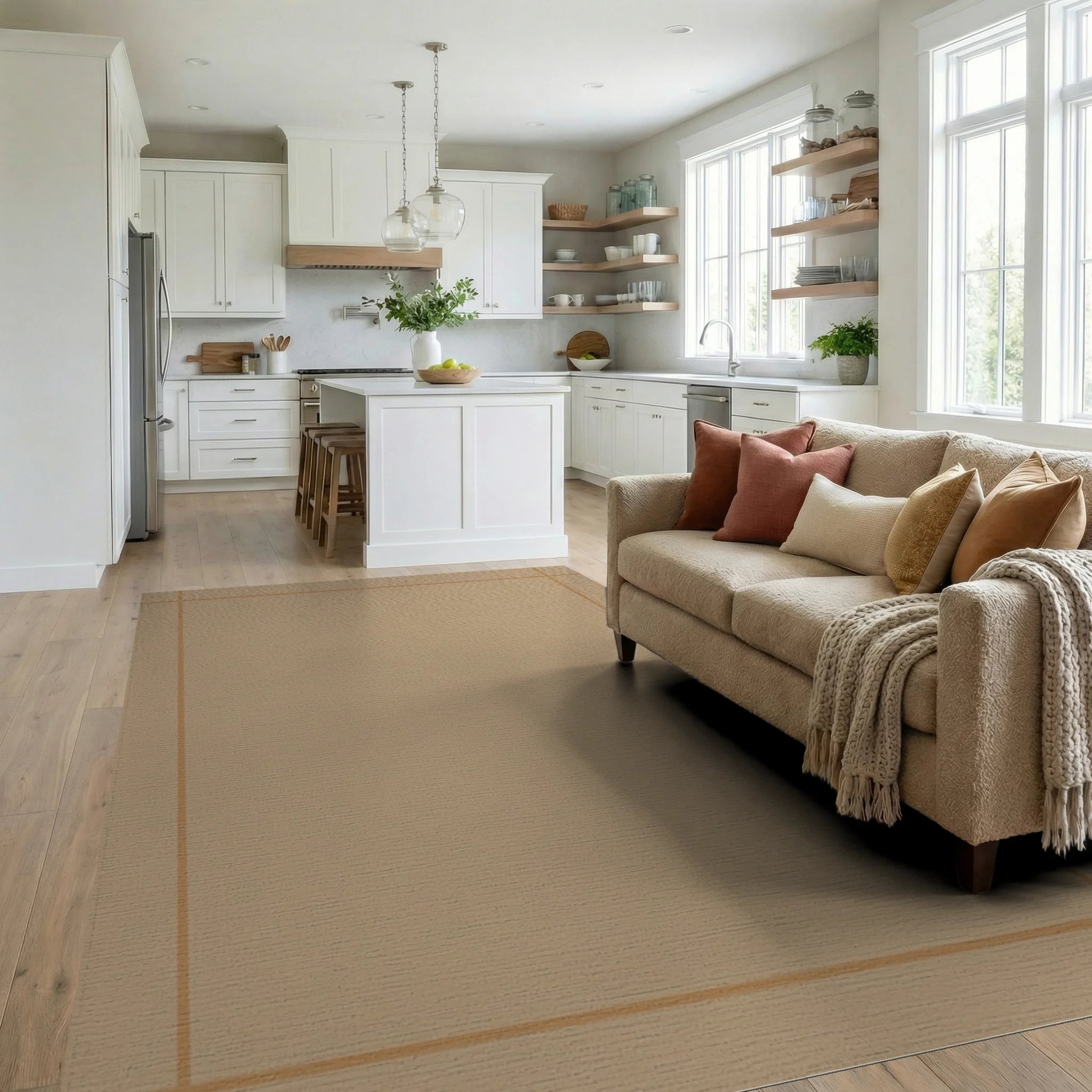Neutral Tan Geometric Border Rug Living Room View