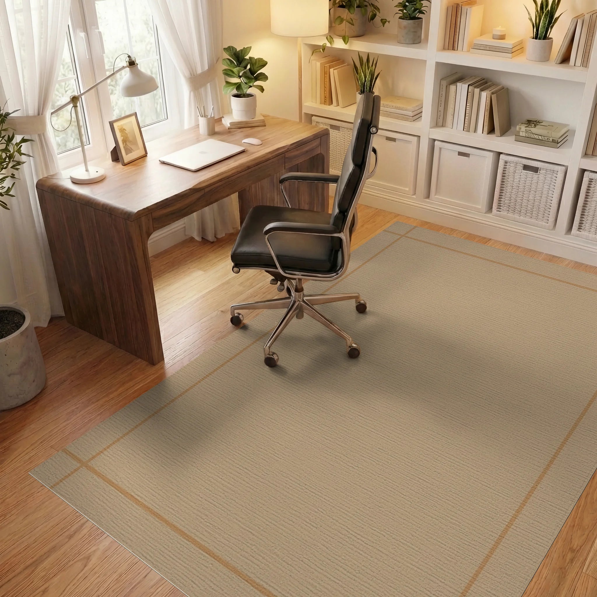 Neutral Tan Geometric Border Rug Office View